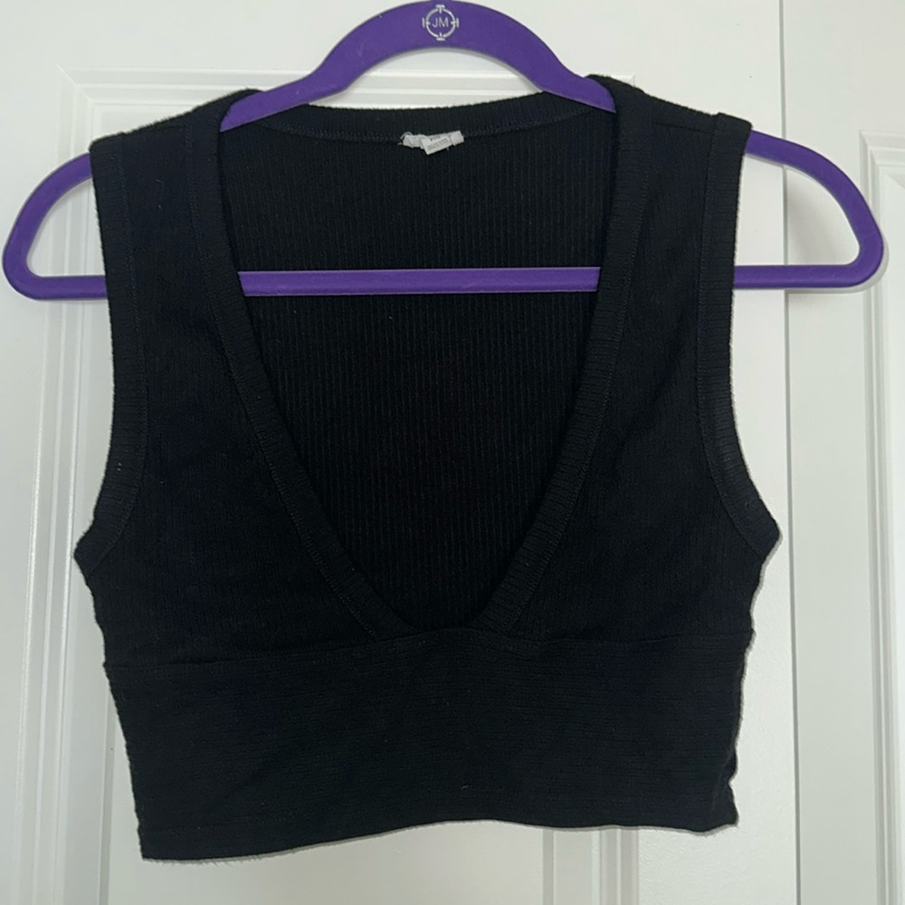 Garage Black Ribbed Plunge Neck Crop Top